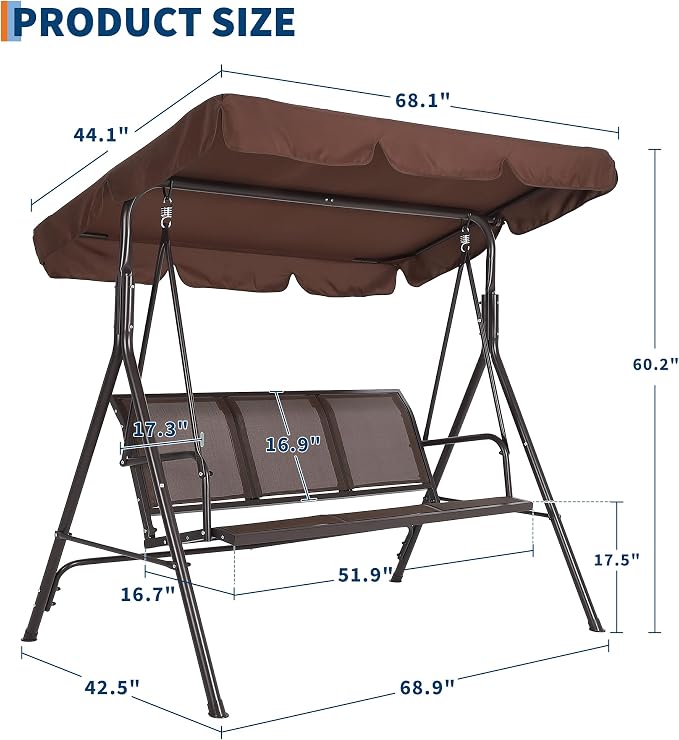 3-Seat Outdoor Patio Porch Swing - Image 2