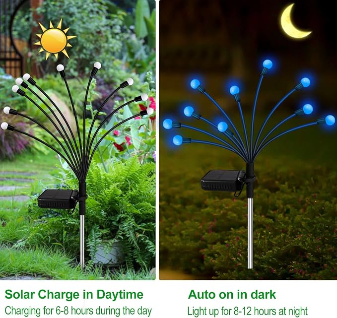 Kohlrabi Solar Garden Lights Outdoor, 4 Pack 40 LED Solar Blue Firefly Lights - Image 3
