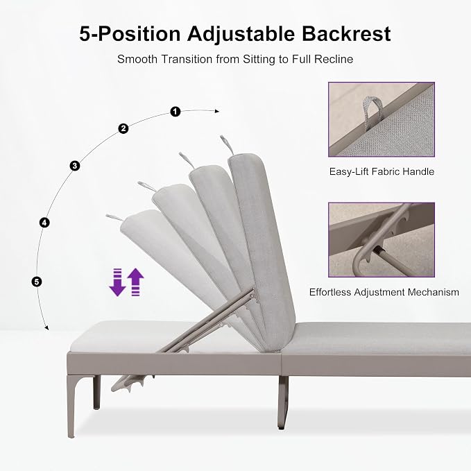PURPLE LEAF Outdoor Chaise Lounge Set of 3 Aluminum Adjustable Patio Lounger - Image 7