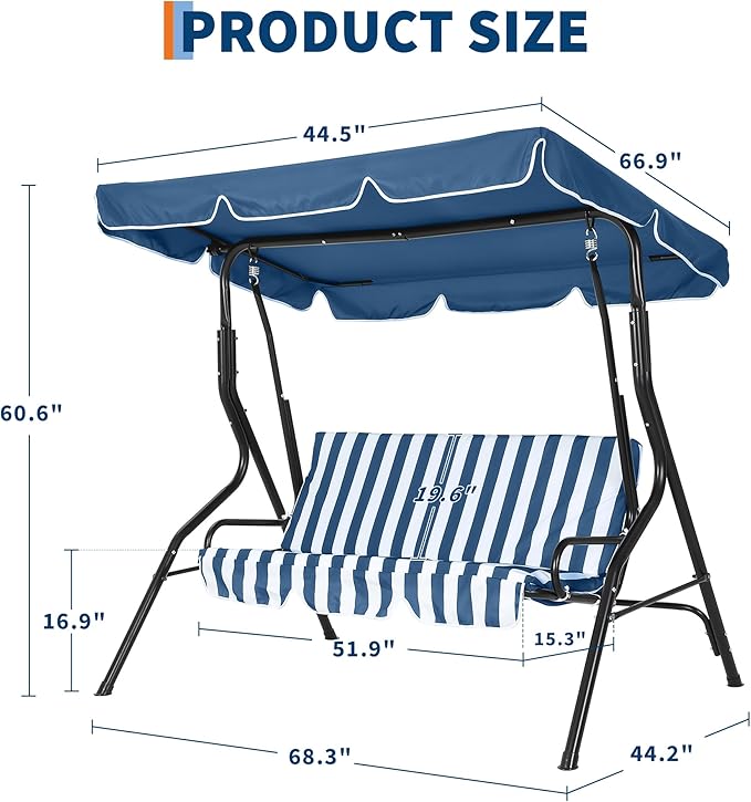 Outdoor Porch Swing Chair with Adjustable Canopy & Striped Seat Cushion - Image 6