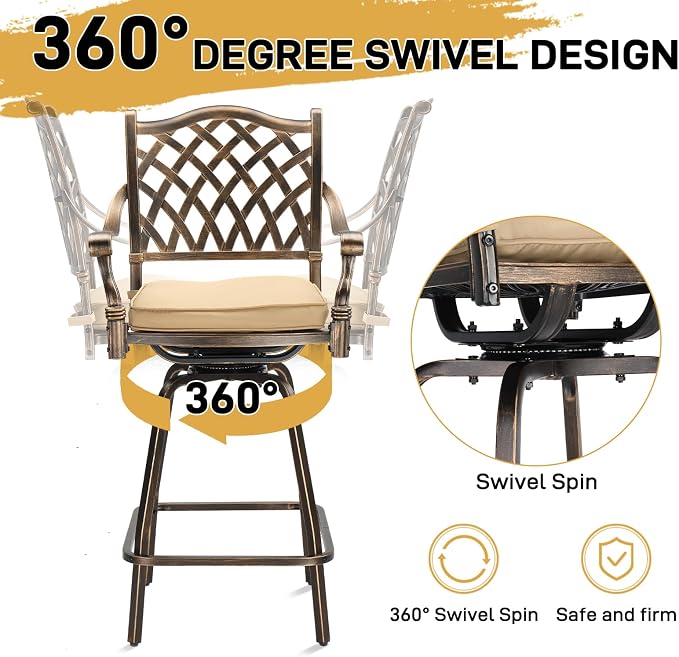 VINGLI 3 Piece Outdoor Patio Bar Set, Cast Aluminum Outdoor Swivel Bar Stools - Image 2