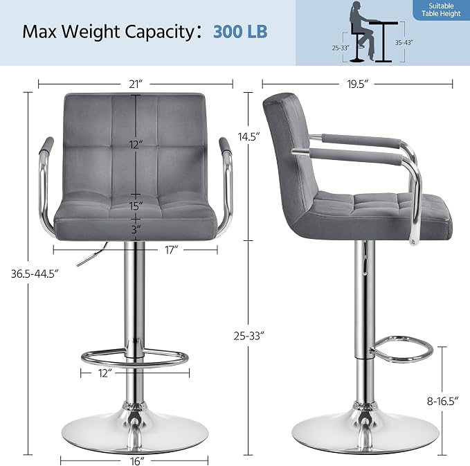 Yaheetech Velvet Bar Stools Set of 4, Adjustable Barstools - Image 3