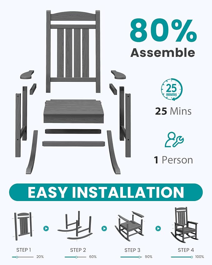 SERWALL Outdoor Rocking Chair Set of 4, HDPE Patio Rocking Chair, All-Weather - Image 8