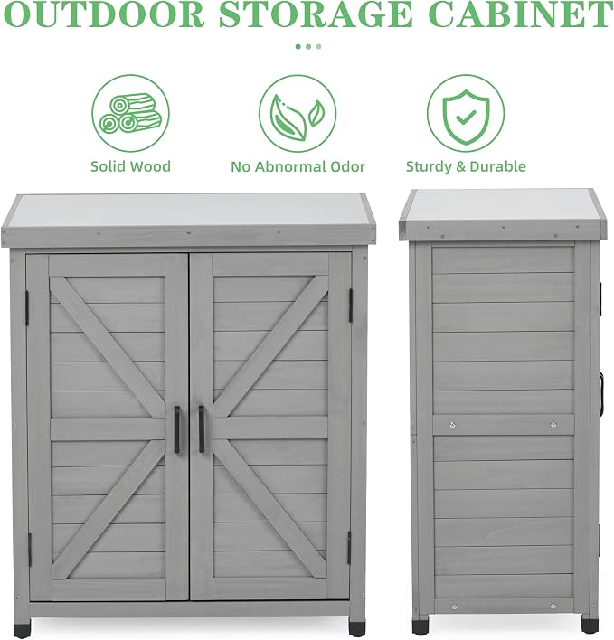 Outdoor Potting Bench with Storage Cabinet and Metal Top, Wood Workstation - Image 4