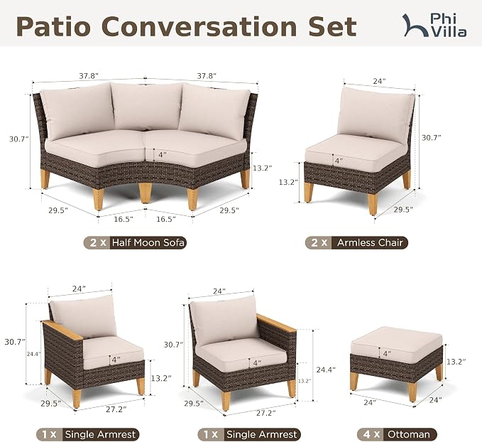 PHI VILLA 10-Piece Wicker Patio Furniture Set, Outdoor Half-Moon Curved - Image 2
