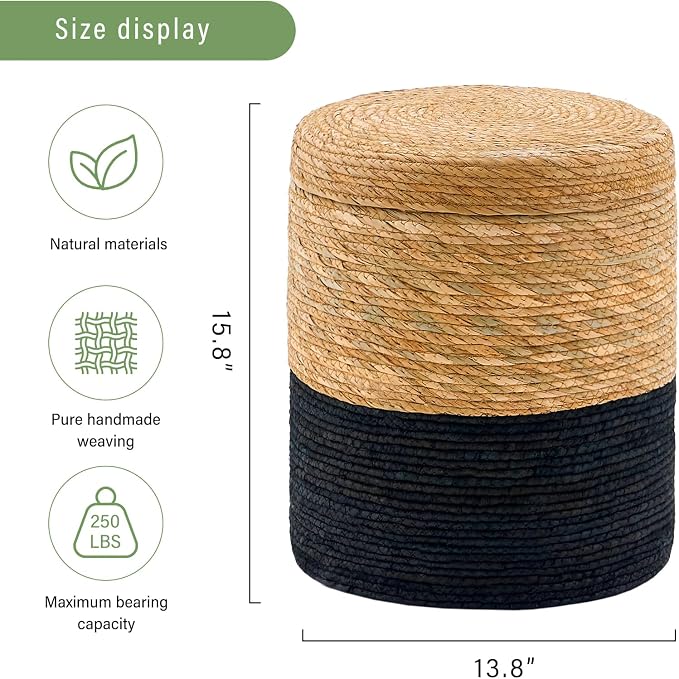 Wimarsbon Storage Pouf Ottoman, Hand Weaving Natural Straw Foot Stool, Bohemian - Image 3