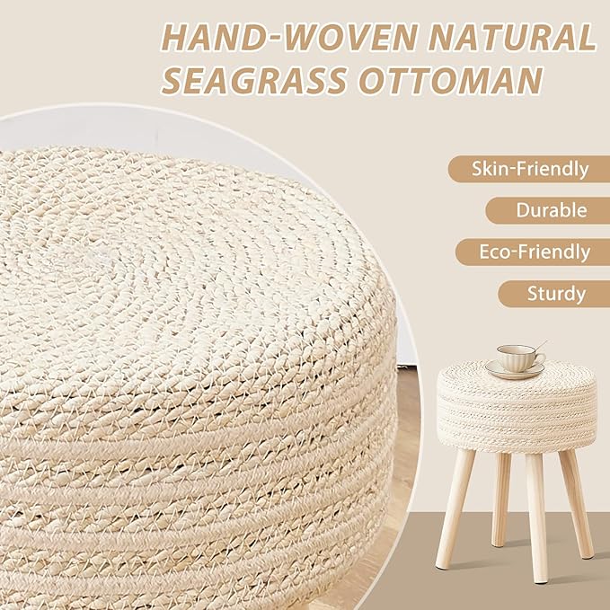 Cpintltr Round Ottoman Footstool Natural Seagrass Foot Stool Pouf Ottomans - Image 4
