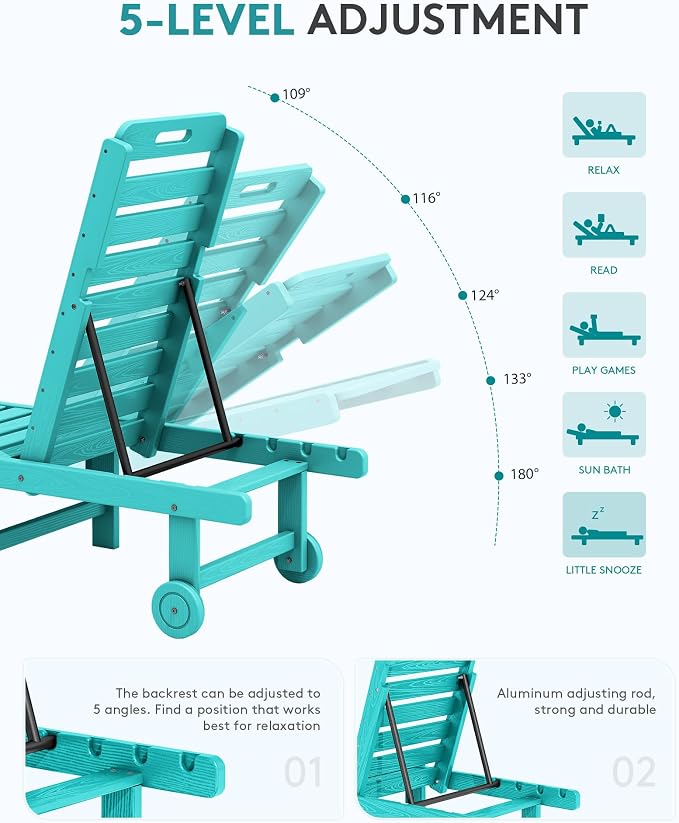SERWALL Outdoor Chaise Lounge Set of 2, All-Weather HDPE Pool Lounge Chairs - Image 4