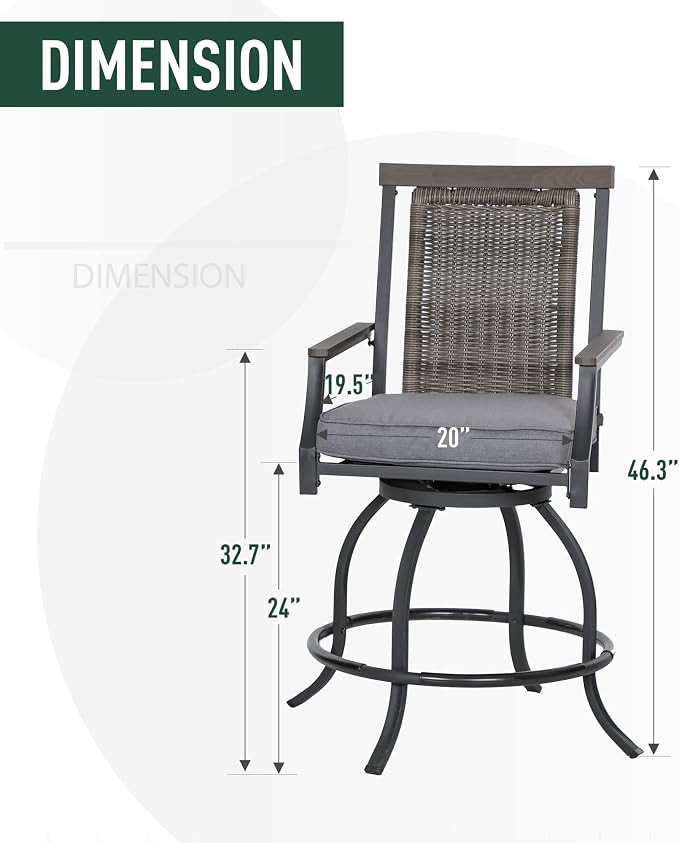 PHI VILLA Outdoor Swivel Bar Stools Set of 4, Rattan Backrest and Wood-Like - Image 2