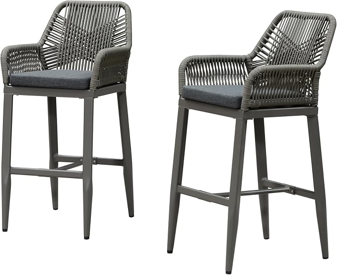 PURPLE LEAF Outdoor Wicker 29" Bar Stools Set of 2, Boho Patio Bar Height Chair by PURPLELEAF