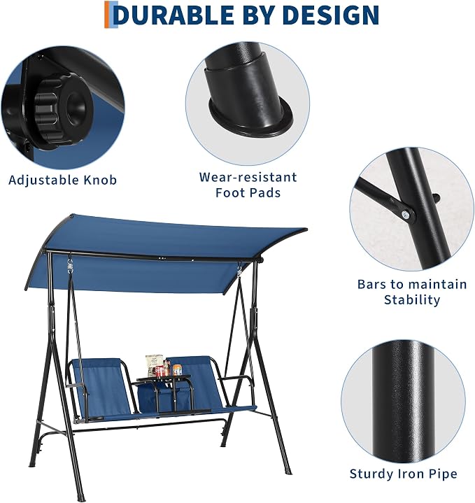2-Person Porch Swing with Cup Holders, Pivot Storage Table & Cooler Bag - Image 4