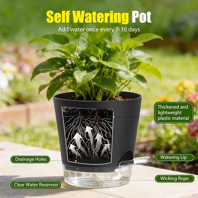 Plant Pots 8 Inch Self Watering Pots, 2 Pack Plastic Planters - Image 4