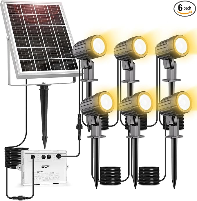 CLY 6 in 1 Solar Spot Lights Outdoor, 2700K Warm White Solar Spotlights by CLY
