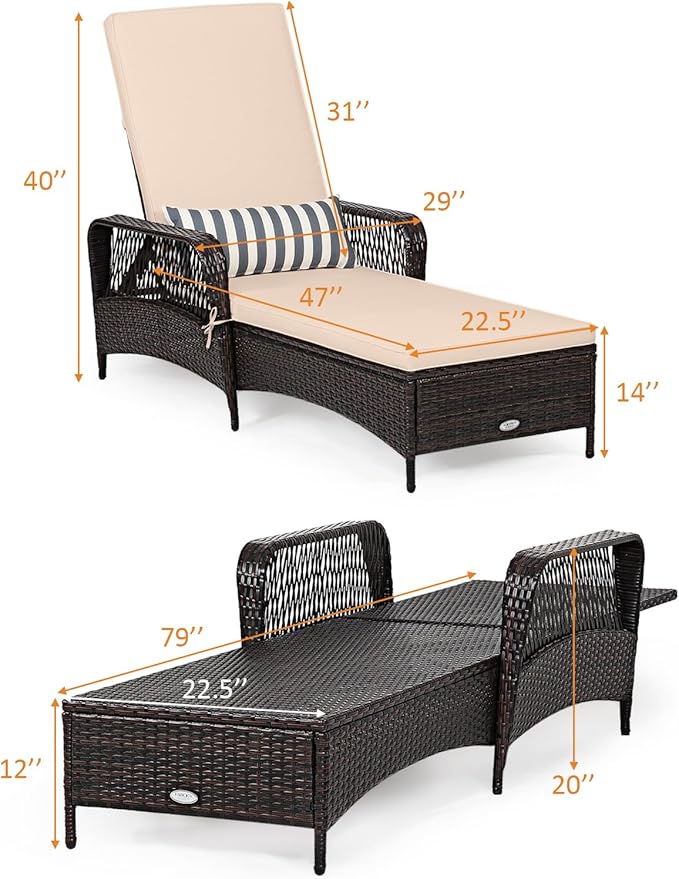 Tangkula Wicker Chaise Lounge Outdoor Set of 2, Patio Rattan Reclining Chaise - Image 3