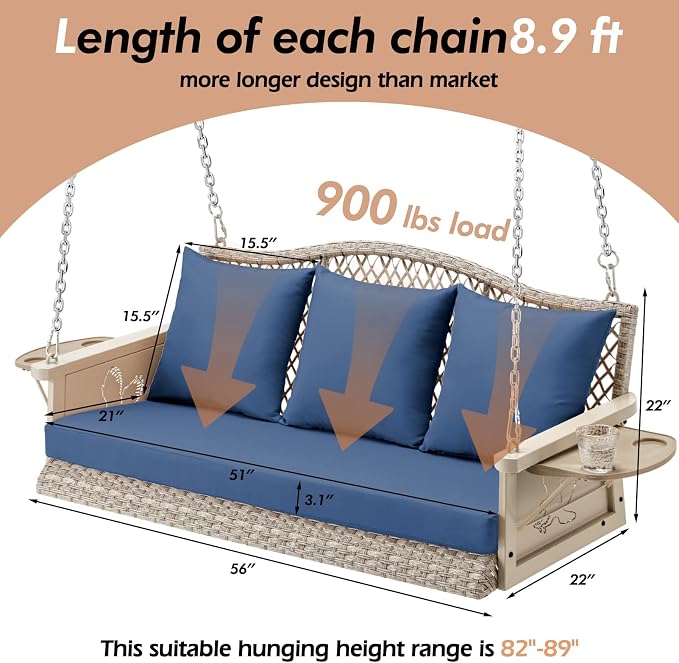Upgraded Wicker Hanging Porch Swing Heavy Duty 900 LBS 3-Seat Outdoor Patio - Image 7
