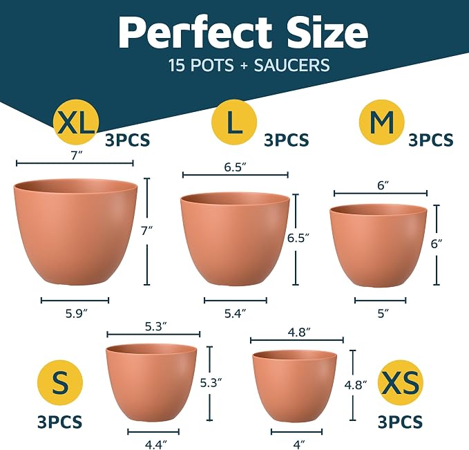 Terracotta Plant Pots with Drainage Holes & Saucers 15 Pack, Indoor & Outdoor - Image 2
