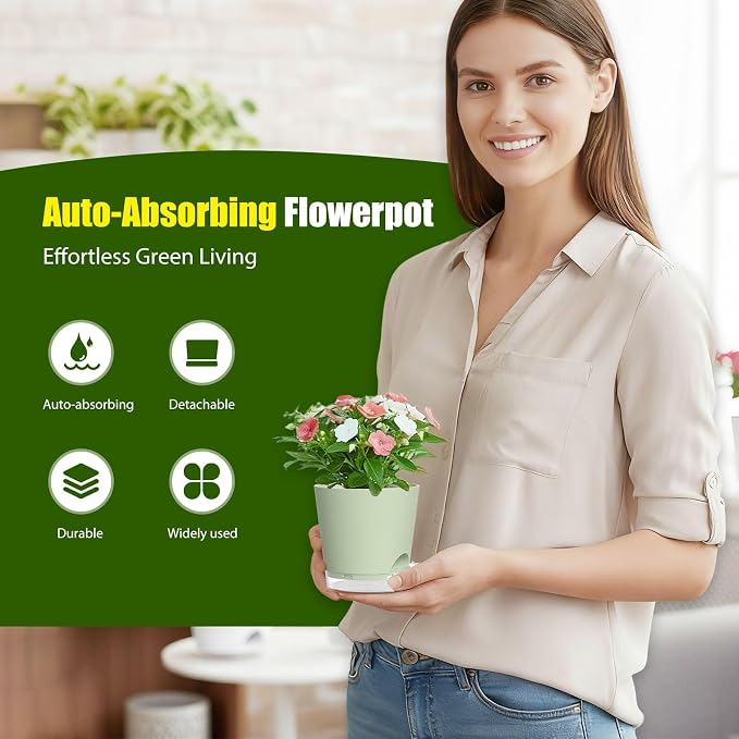 Plant Pots 4 Inch Self Watering Pots, 6 Pack Plastic Planters - Image 2