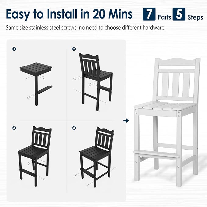nalone Outdoor Bar Chairs and Table Set, HDPE Balcony Adirondack Chairs and - Image 7