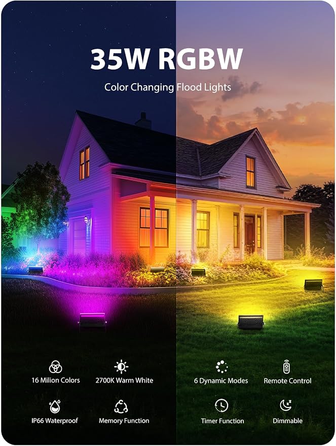 Onforu LED Flood Light Outdoor 35W Color Changing RGBW Floodlight - Image 2