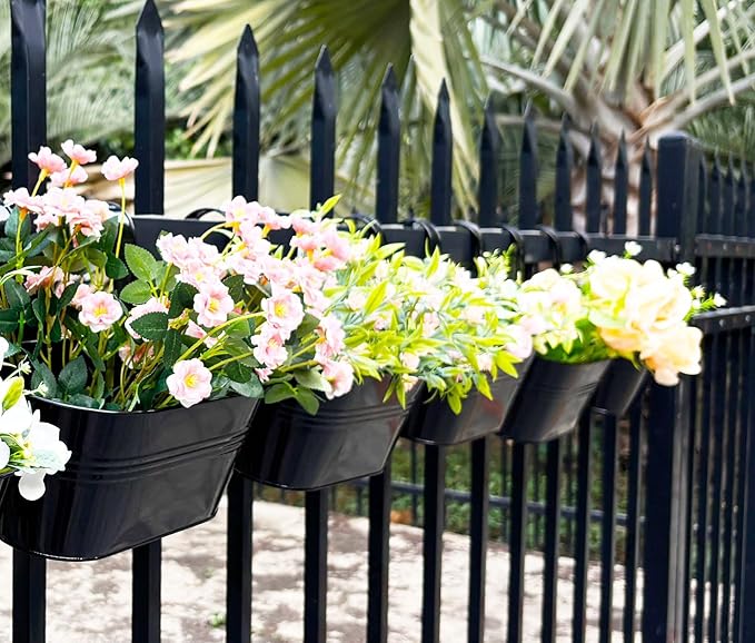 6 Pack Metal Hanging Planter for Outdoor Plants, 10 Inch Black Fence Planters - Image 6