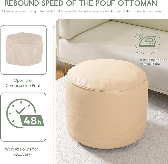 HIGOGOGO Round Stuffed Pouf Ottoman, Pu Leather Poufs - Image 6