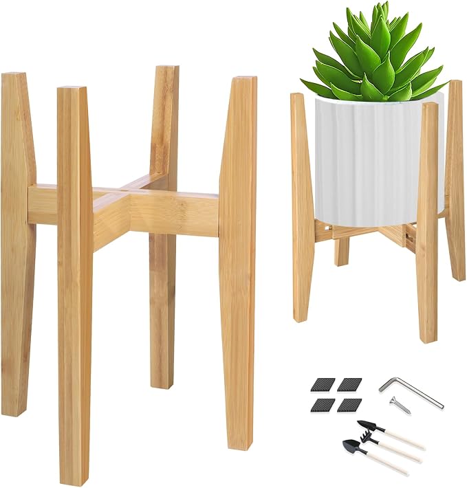 OERGKE Adjustable Plant Stand Indoor, Bamboo Mid Century Modern Plants Stands by OERGKE