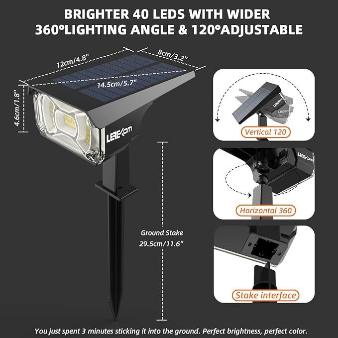 Solar Spot Lights, IP65 Waterproof 40 LED's Landscape Spotlights, 3 Modes - Image 6