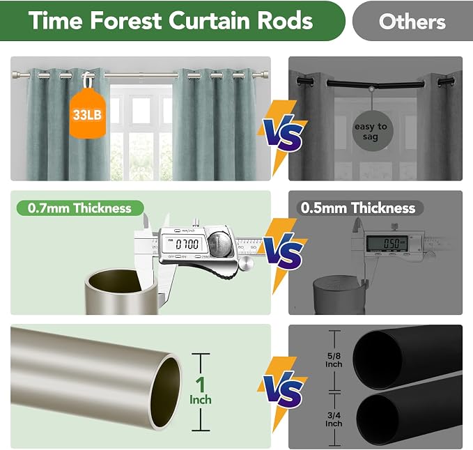 Time Forest Curtain Rods for Windows 48 to 84, 1 Inch Adjustable Heavy Duty - Image 8