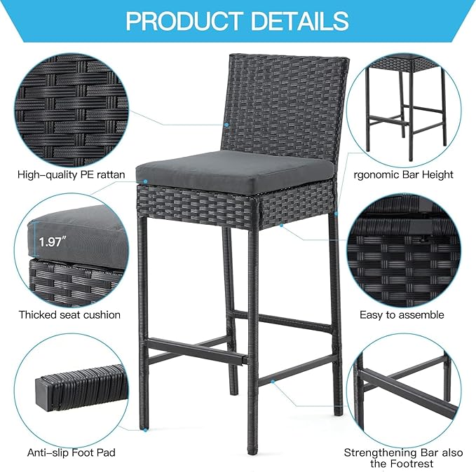 ECOTOUGE Wicker Bar Stools Set of 4, Outdoor Rattan Barstools Counter Height - Image 5