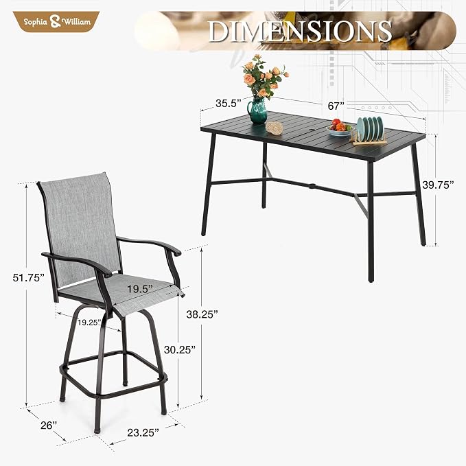Sophia & William Outdoor Bar Set, Patio Bar Table and Chairs Set Patio Dining - Image 6