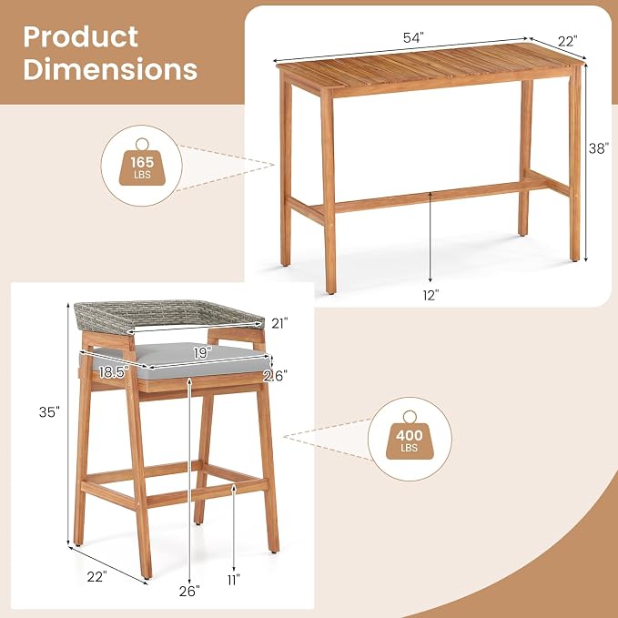 Tangkula 3 Piece Patio Bar Set, Outdoor Acacia Wood Counter Height Table - Image 9