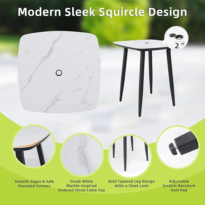 Modern 35.4'' Rounded Square Outdoor Bar Table, Greek White Marble-Inspired - Image 6