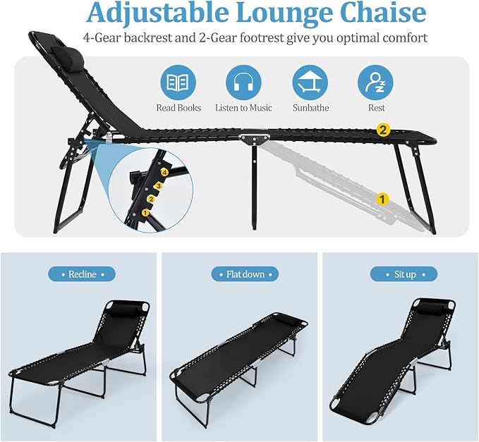 GYMAX Lounge Chairs for Outside, Extra High Folding Beach Tanning Lounger - Image 4