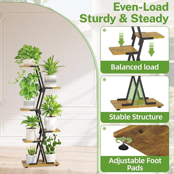 iDavosic.ly 5 Tier Indoor Plant Stand, Corner Tall Metal & Wood Flower Shelf - Image 2