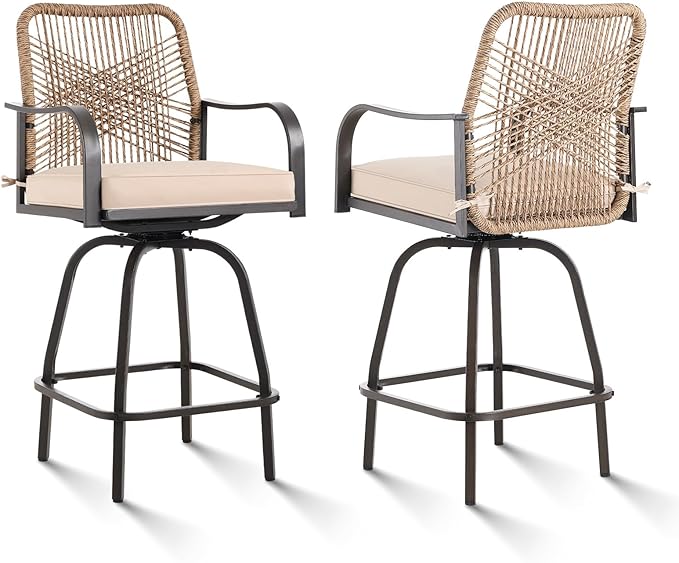 Outdoor Bar Stools Set of 2, 360° Swivel Metal Frame, Wicker Patio Bar Height by GOOGIC