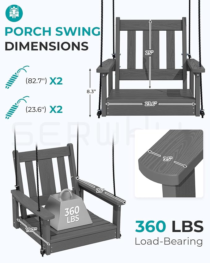 SERWALL HDPE Single Porch Swing, Heavy Duty Single Person Swing Chair - Image 2