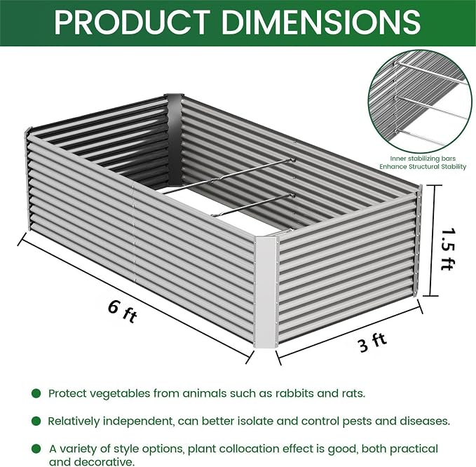 FRIZIONE 2pcs Tall 6x3x1.5ft Galvanized Raised Garden Bed Outdoor, Steel Garden - Image 3