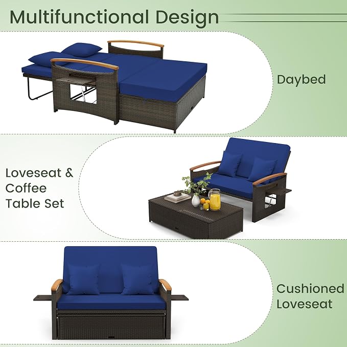 LDAILY Moccha Outdoor Wicker Daybed, Patio Rattan Loveseat Sofa w/ 4-Level - Image 4