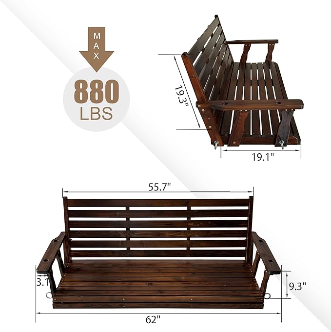 Wooden Porch Swing, Ergonomic Seat, Bench Swing - Image 2