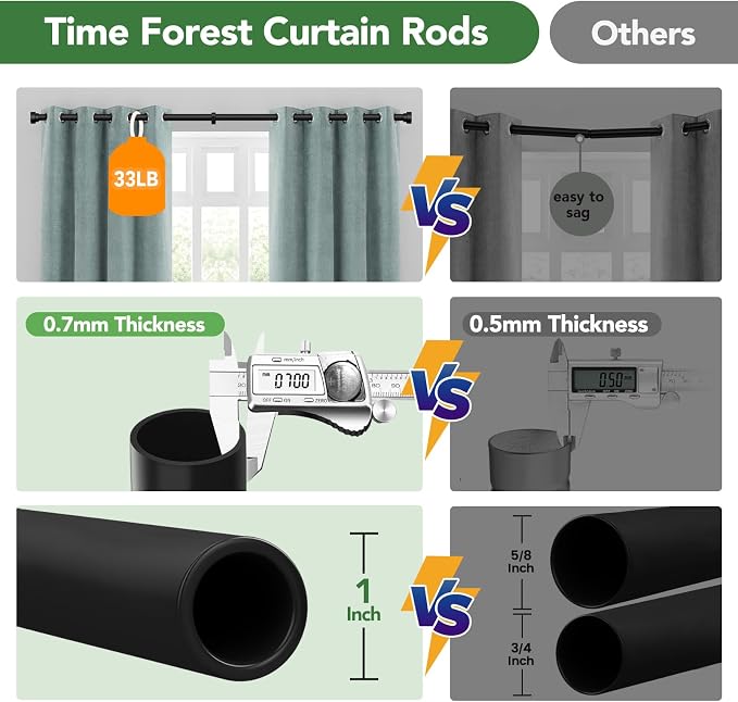 Time Forest Curtain Rods for Windows 32 to 170, 1 Inch Adjustable Black Heavy - Image 8