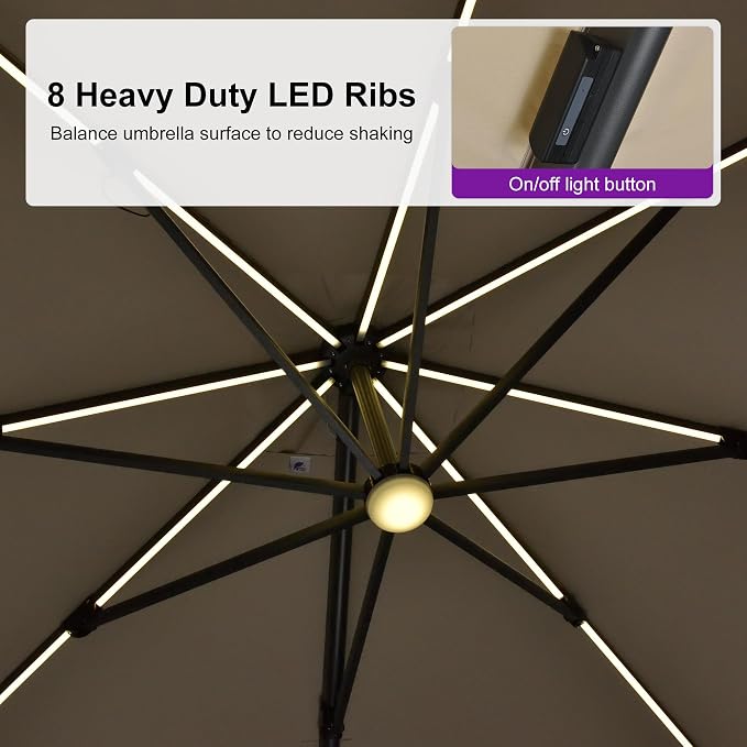 PURPLE LEAF 10 Feet Patio Umbrella Outdoor Cantilever Solar Powered LED Swivel - Image 5