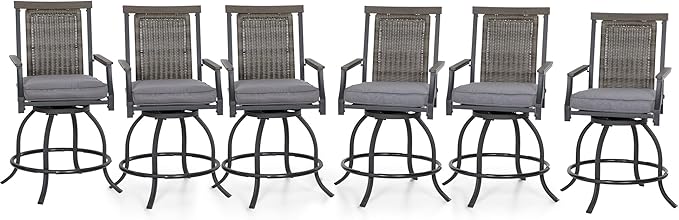 PHI VILLA Outdoor Swivel Bar Stools Set of 6, Rattan Backrest and Wood-Like by PHIVILLAThepioneerofcomfortablehouseholdsupplies