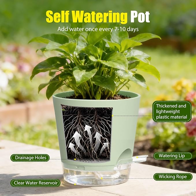 Plant Pots 8 Inch Self Watering Pots, 2 Pack Plastic Planters - Image 4