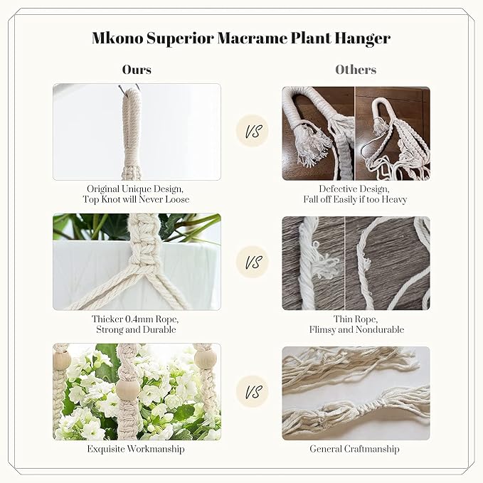 Mkono Macrame Plant Hangers, 5 Pack Different Tiers Indoor Hanging Planters - Image 4