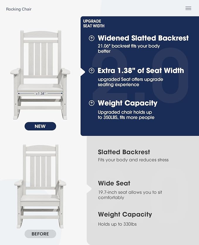 KINGYES HDPE Outdoor Rocking Chair, Widened Seat Patio Rocking Chair, Oversized - Image 4