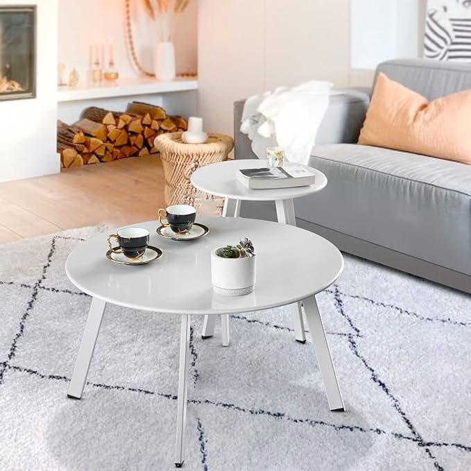 Outdoor Patio Coffee Table Set of 2, Weather Resistant End Table, Round Nesting - Image 8