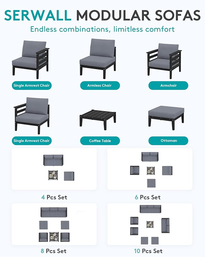 SERWALL HDPE Patio Furniture Set, 10 Pieces Outdoor Sectional Sofa Set - Image 2