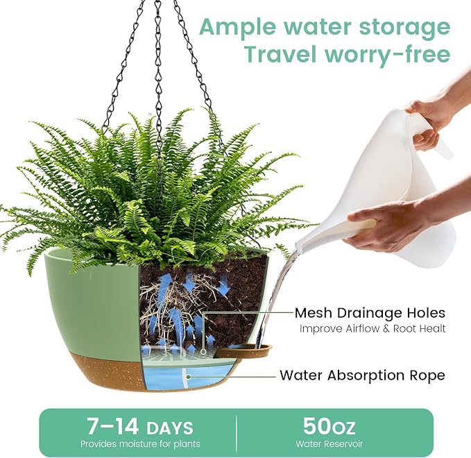 13 Inch 2 Pack Large Self Watering Hanging Planters - Image 3
