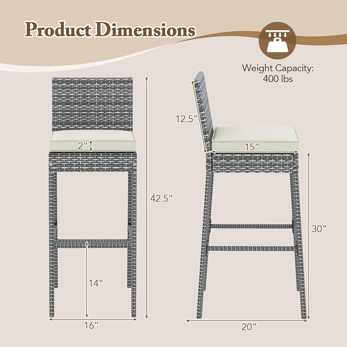 HAPPYGRILL Patio Wicker Barstools Set of 4, Outdoor Bar Height Chair w/Soft - Image 3