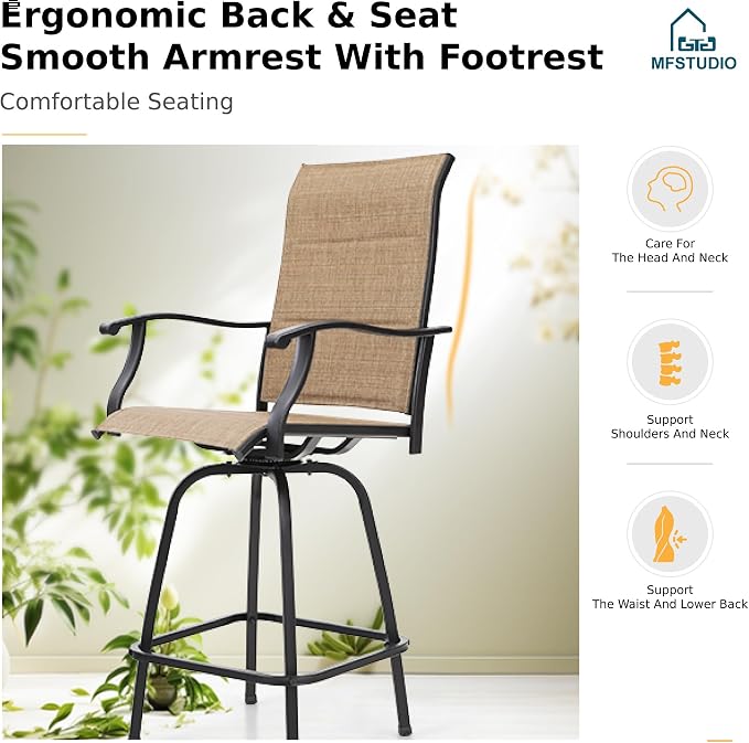 MFSTUDIO Outdoor Bar Stools Set of 2, Swivel Bar Height Patio Chairs Outdoor - Image 5